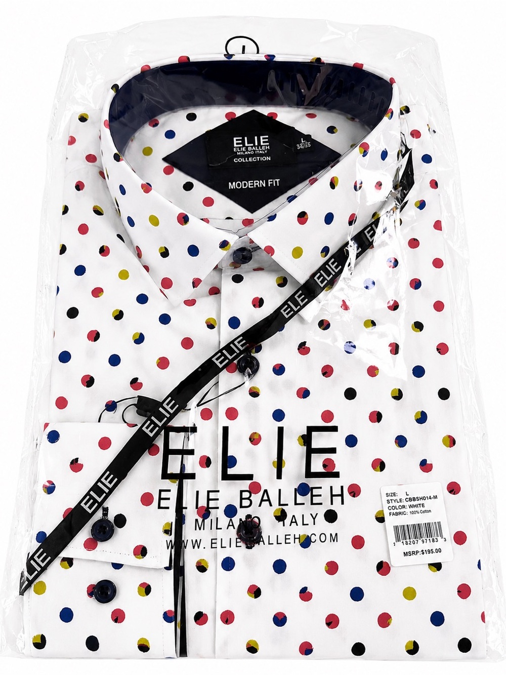 ELIE Modern Fit White Polka Dot Button-Down Shirt